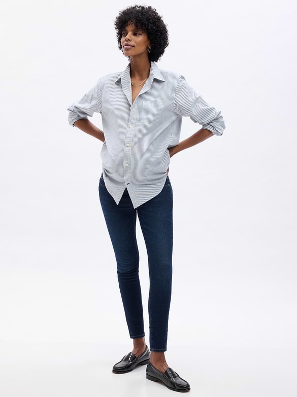 Dark Navy Casual Pants with Light Denim Waistband maternity